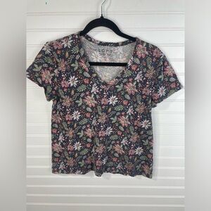 LOFT Gray Floral V-Neck Short Sleeve Vintage Soft Shirt M Women’s EUC